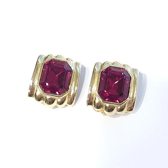 Vintage Givenchy Red Rhinestone Faux Ruby Gold Tone Clip On Earrings - Picture 5 of 16